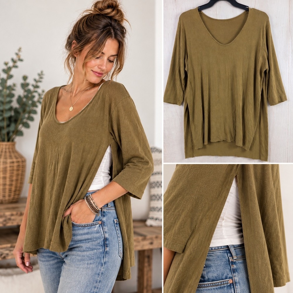 We The Free Free People Top Womens M Olive Side Slit 3/4 Sleeve Layering Boho